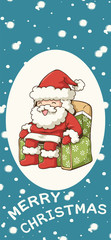 Wall Mural - Santa Claus smile sitting on a green chair vector illustration with the white letters Merry Christmas, The side has a snowing pattern and a blue green background,  For wallpaper mobile phone.