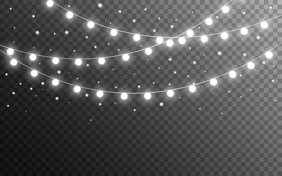 Fototapete - Christmas lights and snow flakes on transparent backdrop. Realistic luminous elements. Glowing silver garlands. Bright light bulbs for website, card or poster. Vector illustration