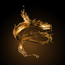3d Rendering, Liquid Spiral Gold Splash, Artistic Paint Metallic Jet, Swirl, Wave, Golden Splashing Clip Art, Abstract Design Element Isolated On Black Background. Cosmetics Ingredient. Luxury Concept