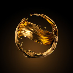 3d rendering, round gold liquid splash, metallic wave, swirl, cosmetic oil, golden splashing clip ar