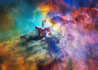 the lagoon nebula in bright colours. deep space look. science fiction wallpaper. elements of this im
