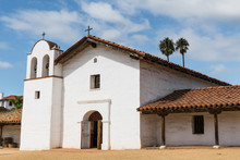 White Spanish Mission Church With Bell Tower In Santa Barbara, California, USA