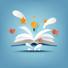 Open book and creative learning with light bulb paper art style.Vector illustration.