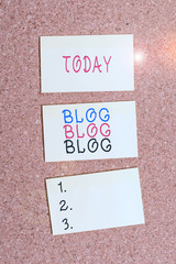 Text sign showing Blog Blog Blog. Business photo showcasing Internet blogging trend modern virtual communication Vertical empty sticker reminder memo square billboard corkboard desk paper