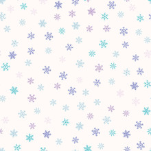 Winter Seamless Pattern. Christmas Background With Colored Snowflakes Scattered On White Backdrop. Elegant Vector Texture. Festive Winter Holiday Theme. Simple Repeat Design For Decoration, Wallpaper