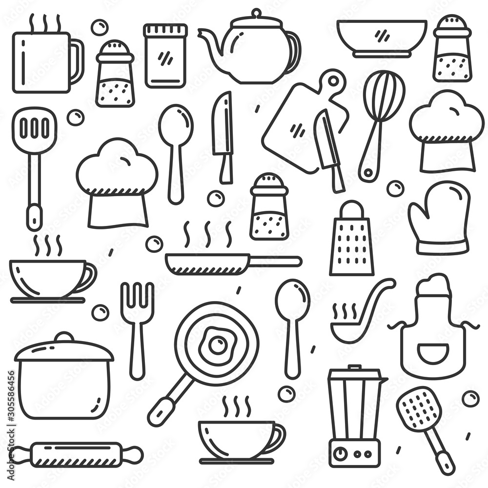 Hand drawn kitchen tools doodle. Set of cooking utensils vector  illustration with cute line design Stock Vector | Adobe Stock, image size:1000x1000
