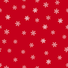 Snowflakes Seamless Pattern. Vector Texture With Small Hand Drawn White Snowflakes On Red Background. Winter Holidays Theme, Christmas And New Year Texture. Simple Repeat Design For Decor, Print, Web