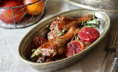 Canvas Print - with red orange recipe. chicken with red orange. The second dish. canned stewed meat. orange Sicilian. keto recipe