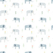 Lovely elephants seamless pattern with wildflowers on white background for kid’s wear. Cute elephants watercolor cartoon illustration for kid’s textile design. Watercolor elephant pattern for infants.