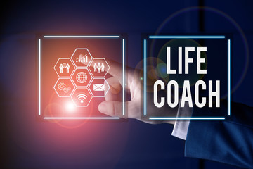 Wall Mural - Writing note showing Life Coach. Business concept for someone who helps identify your goals and plan to achieve them Picture photo network scheme with modern smart device