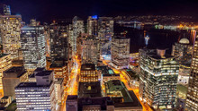 Vancouver, British Columbia, Canada. Aerial City View Of  Downtown, Taken During A Chill Night After A Beautiful Sunset.