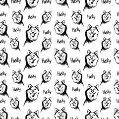 Seamless pattern with siberian huskies isolated on white background. Vintage hand drawn texture with portrait dogs. Ink sketch