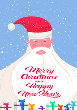 Merry Christmas And Happy New Year Lettering On Santa Claus White Beard Winter Holidays Celebration Concept Greeting Card Portrait Vertical Vector Illustration