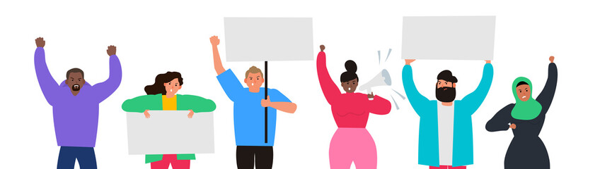 group of protest people holding blank placards and posters and megaphone vector illustration