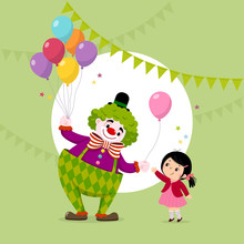 Vector Illustration Cartoon Of A Cute Clown Giving A Pink Balloon To A Girl.