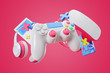 canvas print picture - Colorful gamepad, headphones and game console hanging in the air on a pink background. 3d rendering.