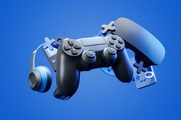 black standard geypad, headphones and game console in the background on a blue background. 3d render