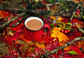 Wall Mural - Hot cacao drink in a red enamel cup on a background of fallen autumn leaves with berries and forest branches. Top view. Autumn background.