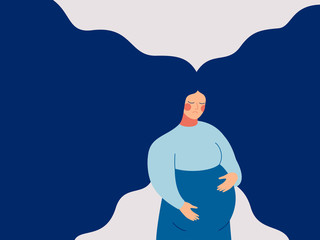 A sad pregnant woman needs prenatal care and support. A young woman expecting a child is depressed. Psychological and medical vector illustration