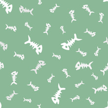 Fish Bones Seamless Vector Pattern. Doodle Dead Fish Silhouettes On Gray Backdrop. Cartoon Fish Skeleton Background. Hand Drawn Fish Bone Textile Pattern Design. Dead Fish Repeat