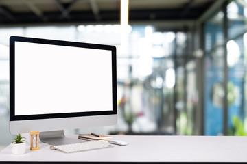 Wall Mural - laptop monitor digital pc desk Mockup Blank screen computer desktop with keyboard in cafe & restaurant