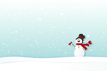 Merry Christmas And Happy New Year Card With Snowman. Illustrator Paper Art Style.