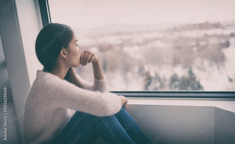 Depression, mental health, psychology therapy - mind wellness well being Asian girl with winter blues seasonal affective disorder feeling sad or heart broken with breakup alone. Loneliness, burnout ,  - obrazy, fototapety, plakaty 