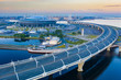 Saint Petersburg. Russia. Panorama of St. Petersburg on a summer day. Bridges of Petersburg. A bridge with a freeway. Stadium. Sports arena. Gulf of Finland. Traveling in Russia. Cruise to Russia