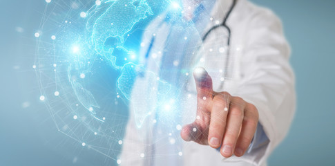 Wall Mural - Doctor using America USA map globe network hologram 3D rendering