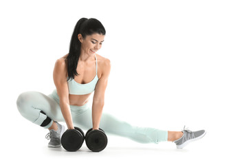 Sticker - Sporty muscular woman with dumbbells isolated on white