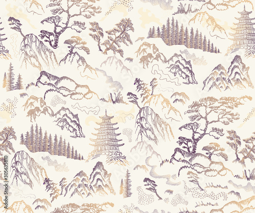 Cuadros en Lienzo Vector seamless pattern of hand drawn sketches in Japanese and Chinese nature ink illustration sumi-e tradition