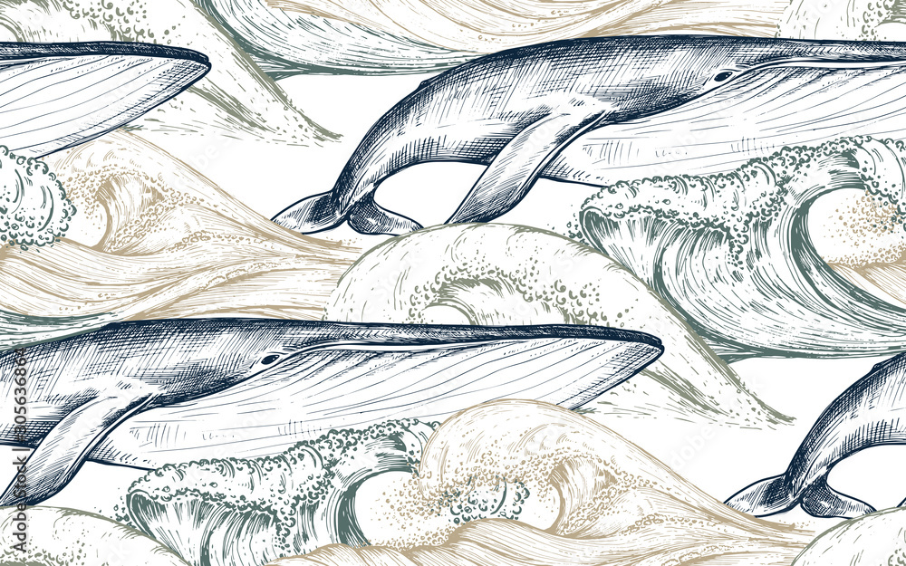 Vector monochrome seamless pattern with ocean waves and whales in ...