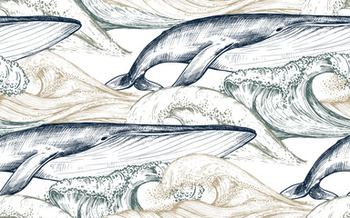  Vector monochrome seamless pattern with ocean waves and whales in sketch style.