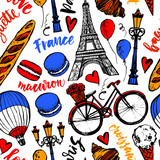 Fototapeta Paryż - Paris symbols seamless pattern. Romantic travel in Paris. Magnolia blossom, eiffel tower, bicycle, balloons.