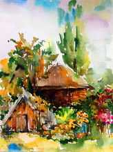 Watercolor Colorful Bright Textured Abstract Background Handmade . Mediterranean Landscape . Painting Of Architecture And Vegetation Of The Sea Coast , Made In The Technique Of Watercolors From Nature