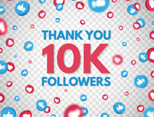 Thank You 10k Followers Background With Falling Likes And Thumbs Up Icon. 10 000 Followers Celebration Banner. Social Media Concept. Achievement Poster. Counter Notification. Vector Illustration