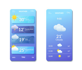 smartphone screens with banners and weather forecast icons.