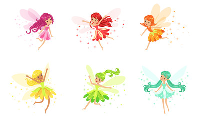 Wall Mural - Set Of Flying Fairies Of Many Colors And Poses Vector Illustration Cartoon Character