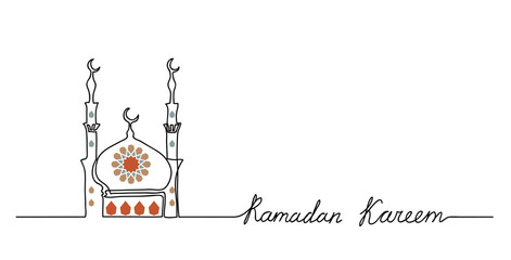 Ramadan Kareem vector simple minimal background with mosque, mandala and lettering Ramadan Kareem.One continuous line drawing.