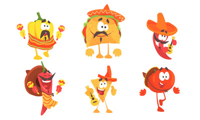 Sticker - Cartoon mexican food in poncho and sombrero. Set of vector illustrations.