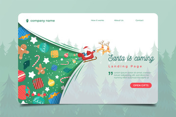 landing page with santa clause and christmas ornament background