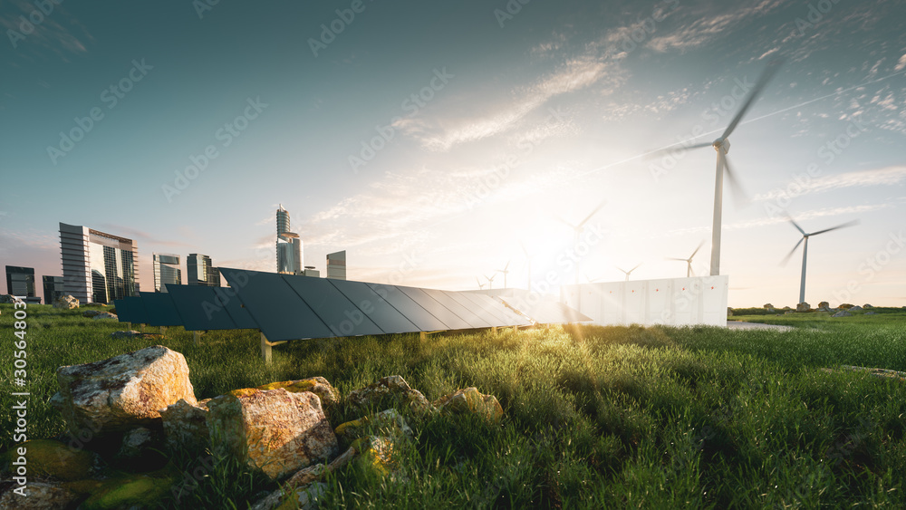 Concept of sustainable energy solution in beautifull sunset backlight. Frameless solar panels, battery energy storage facility, wind turbines and big city with skycrapers in background. 3d rendering. - obrazy, fototapety, plakaty 