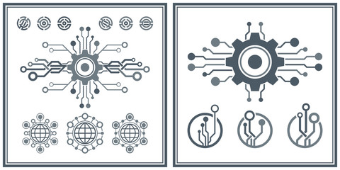 Set of abstract technological conception symbols. Vector technology background.