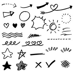 Wall Mural - Hand drawn set elements, black on white background. Arrow, heart, love, speech bubble, star, leaf, sun,light,check marks ,crown, king, queen,Swishes, swoops, emphasis ,swirl, heart, for concept