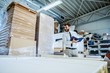 © Dusan Petkovic - Smiling caucasian bearded supervisor in tie and suit looking at pile of sheets and writing down inventory. Printing shop interior.
