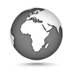 Wall Mural - Globe icon gray on white with smooth vector shadows and map of the continents of the world. Africa, Europe