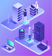 © robu_s - Database vector, isolated datacenter with workers and modern technologies devices. Router and modem, personal computer on pedestal and people with laptops. Illustration in isometric 3d style