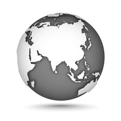 Wall Mural - Globe icon gray on white with smooth vector shadow and map of the continents of the world. White continent and gray water. Europe, Asia, Oceania. Vector illustration