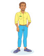 © Shvetsova Yulia - An African-American man stands in a yellow shirt and blue jeans. Isolated on white background. In a cartoon style. Vector illustration.