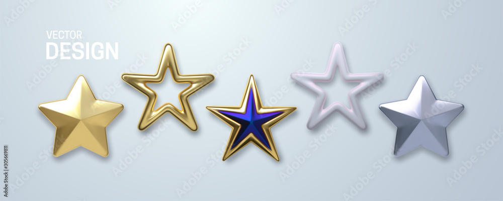 Decorative stars set isolated on white background. Vector 3d illustration. Golden geometric star shapes. Christmas holiday decoration elements - obrazy, fototapety, plakaty 